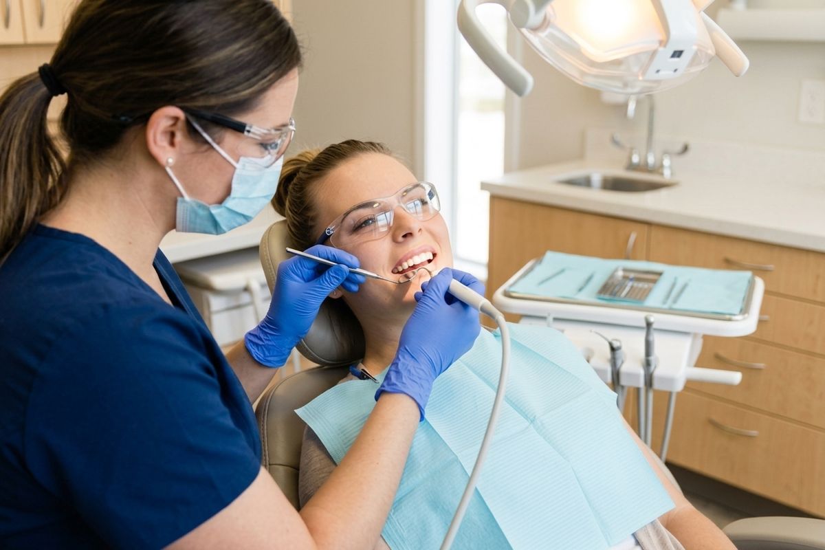 Dentist examining a patient's open mouth with a mirror and tool in a dental clinic. Patient wears safety glasses and a bib.