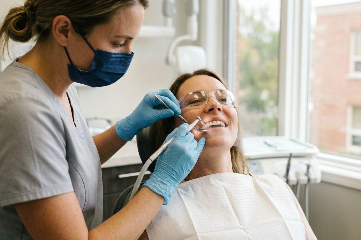 Dentist uses tools on a smiling adult reclined in a dental chair.
