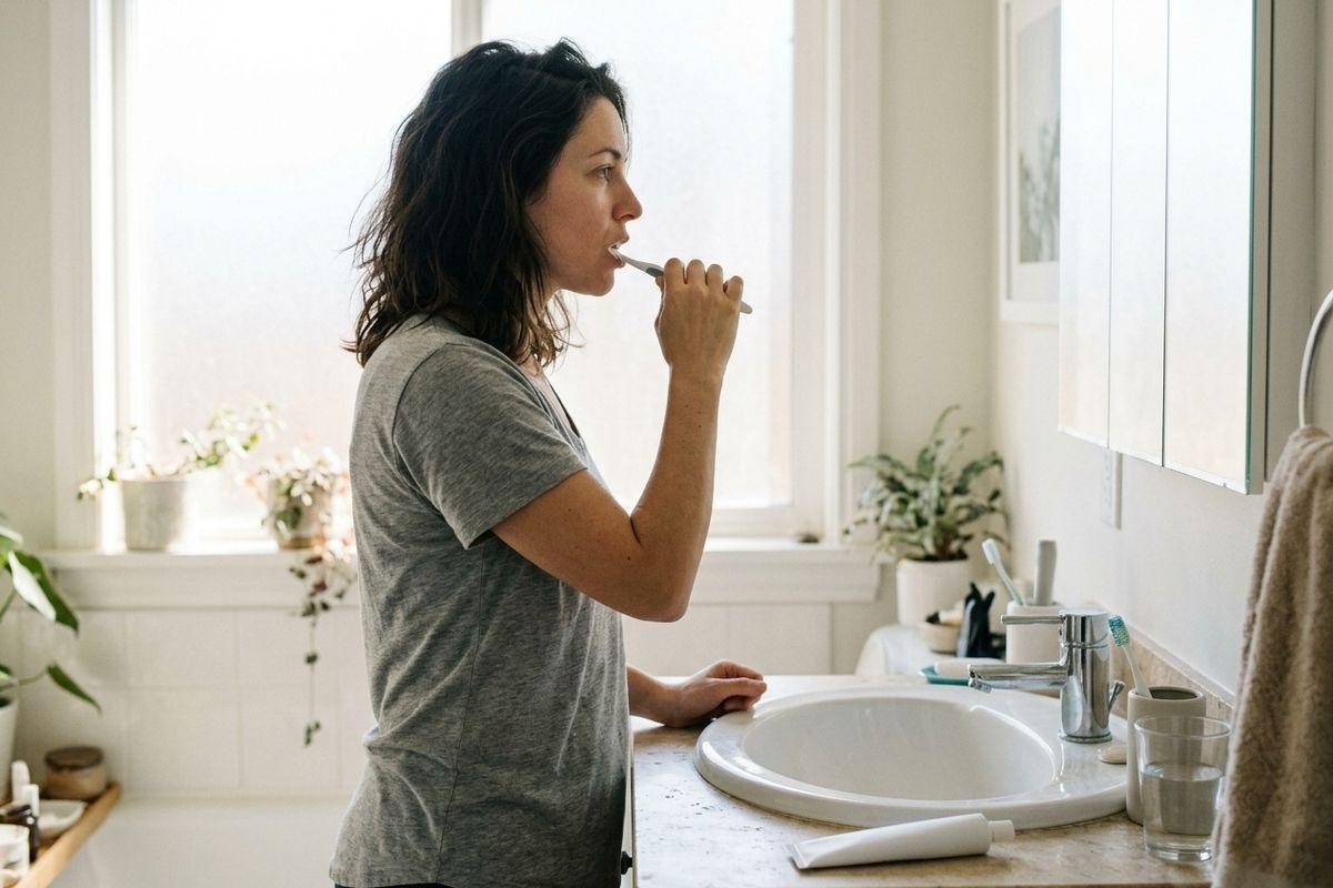 Adult brushing their teeth at a bathroom sink, looking toward a mirror cabinet, with a toothpaste tube and glass of water on the counter.