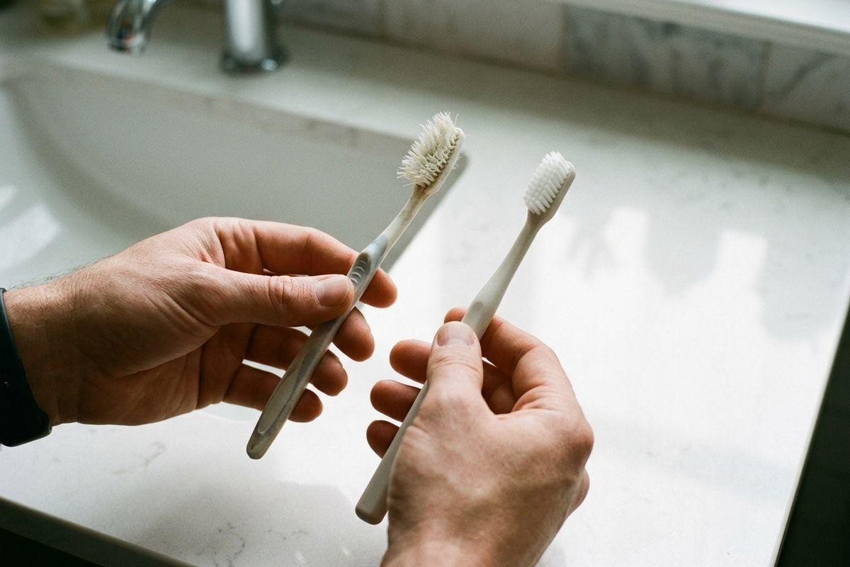 Person holding a worn toothbrush with splayed bristles and a new toothbrush over a bathroom sink.