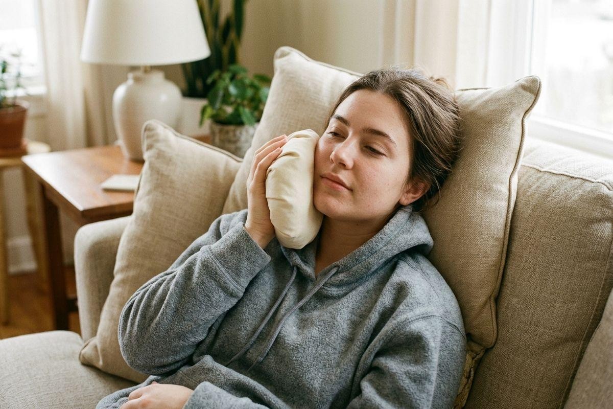 Person reclining on a beige couch, eyes closed, holding a beige pillow against their cheek.
